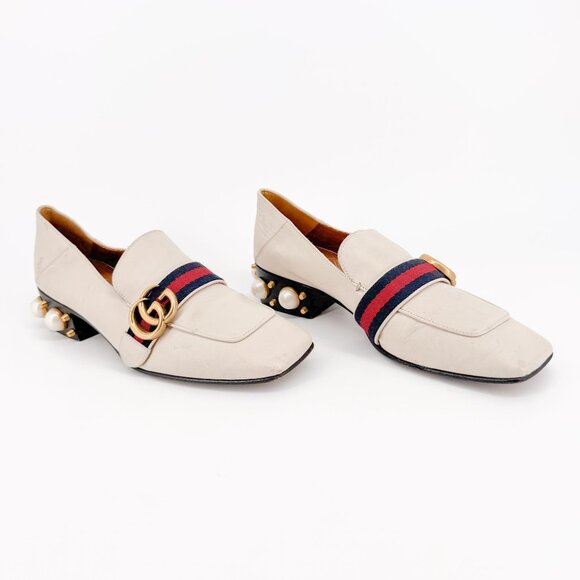 Gucci Peyton Pearl-Embellished GG Loafers Size 38 US 8 White Low Heel Slip On - Picture 1 of 16